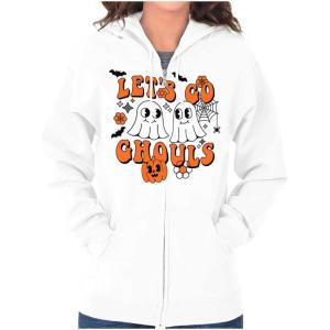 Brisco Brands Cute Halloween Ghosts Let’s Go Ghouls Zip Hoodie Sweatshirt Women(White)