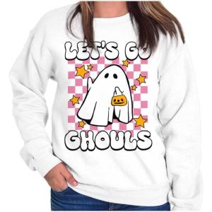 Brisco Brands Cute Halloween Let’s Go Ghouls Ghost Women Crewneck Sweatshirt(White)