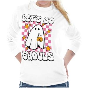 Brisco Brands Cute Halloween Let’s Go Ghouls Ghost Women’s Long Sleeve T Shirt(White)