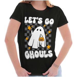 Brisco Brands Cute Halloween Let’s Go Ghouls Ghost Womens Slim Fit Graphic Tee(Black)