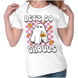 Brisco Brands Cute Halloween Let’s Go Ghouls Ghost Womens Slim Fit Graphic Tee(White)