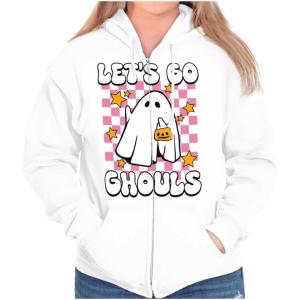Brisco Brands Cute Halloween Let’s Go Ghouls Ghost Zip Hoodie Sweatshirt Women(White)