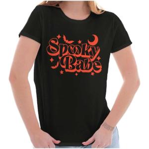 Brisco Brands Cute Halloween Witchy Spooky Babe Womens Slim Fit Graphic Tee(Black)