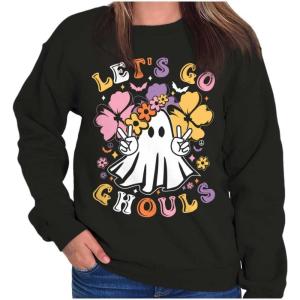 Brisco Brands Cute Hippie Ghost Lets Go Ghouls Women Crewneck Sweatshirt(Black)