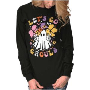 Brisco Brands Cute Hippie Ghost Lets Go Ghouls Women’s Long Sleeve T Shirt(Black)