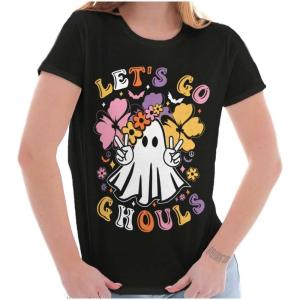 Brisco Brands Cute Hippie Ghost Lets Go Ghouls Womens Slim Fit Graphic Tee(Black)