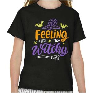 Brisco Brands Cute Spooky Halloween Feeling Witchy Girls Kids T Shirt Tees(Black)