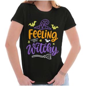 Brisco Brands Cute Spooky Halloween Feeling Witchy Womens Slim Fit Graphic Tee(Black)