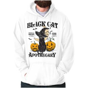 Brisco Brands Halloween Black Cat Apothecary Hoodie Sweatshirt Women Men(White)