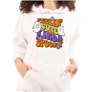 Brisco Brands Halloween Feelin Cute Kinda Spooky Hoodie Sweatshirt Women(White)