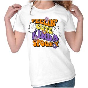 Brisco Brands Halloween Feelin Cute Kinda Spooky Womens Slim Fit Graphic Tee(White)