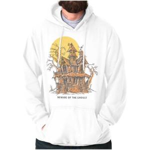 Brisco Brands Halloween Haunted House Beware Ghouls Hoodie Sweatshirt Women Men(White)