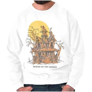 Brisco Brands Halloween Haunted House Beware Ghouls Sweatshirt for Men or Women(White)