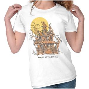 Brisco Brands Halloween Haunted House Beware Ghouls Womens Slim Fit Graphic Tee(White)