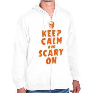 Brisco Brands Halloween Keep Calm and Scary On Zip Up Hoodie Mens Womens(White)