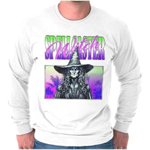 Brisco Brands Halloween Monster Spell Caster Witch Long Sleeve Tshirt Men Women(White)