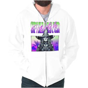 Brisco Brands Halloween Monster Spell Caster Witch Zip Up Hoodie Mens Womens(White)