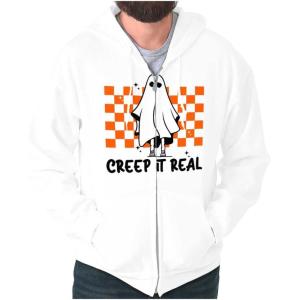 Brisco Brands Halloween Spooky Ghost Creep It Real Zip Up Hoodie Mens Womens(White)