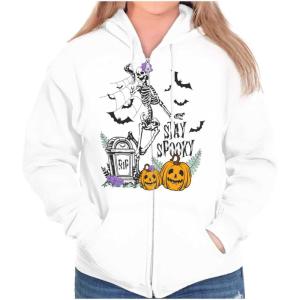 Brisco Brands Halloween Stay Spooky Skeleton Zip Hoodie Sweatshirt Women(White)