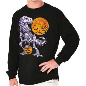 Brisco Brands Halloween Trick or Treat Dino Bones Long Sleeve Tshirt Men Women(Black)