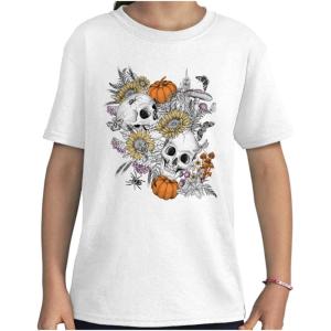 Brisco Brands Spooky Fall Autumn Skulls Flowers Girls Kids T Shirt Tees(White)