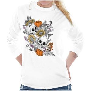 Brisco Brands Spooky Fall Autumn Skulls Flowers Women’s Long Sleeve T Shirt(White)