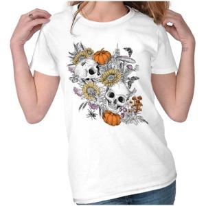 Brisco Brands Spooky Fall Autumn Skulls Flowers Womens Slim Fit Graphic Tee(White)