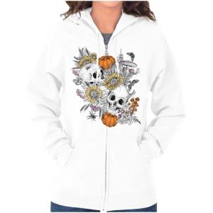 Brisco Brands Spooky Fall Autumn Skulls Flowers Zip Hoodie Sweatshirt Women(White)
