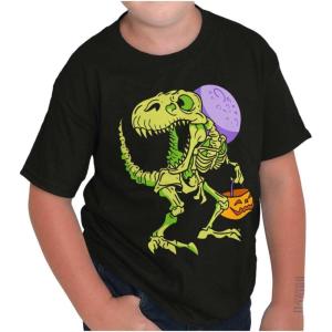 Brisco Brands Spooky Halloween Dinosaur Skeleton Crewneck T Shirts Boy Girl(Black)