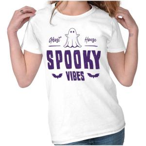 Cool Halloween Ghost Spooky Vibes Womens Slim Fit Graphic Tee(White)