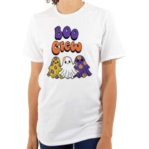 Cute Floral Hippie Ghosts Boo Crew Womens Graphic T Shirt Tees(White)