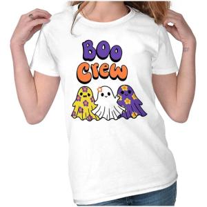Cute Floral Hippie Ghosts Boo Crew Womens Slim Fit Graphic Tee(White)