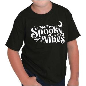 Cute Halloween Witchy Spooky Vibes Crewneck T Shirts Boy Girl(Black)