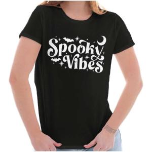 Cute Halloween Witchy Spooky Vibes Womens Slim Fit Graphic Tee(Black)