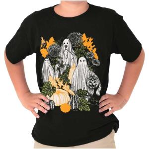 Fall Autumn Ghosts and Pumpkins Crewneck T Shirts Boy Girl(Black)