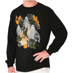 Fall Autumn Ghosts and Pumpkins Long Sleeve Tshirt Men Women(Black)