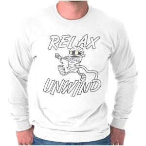 Funny Halloween Mummy Relax Unwind Long Sleeve Tshirt Men Women(White)