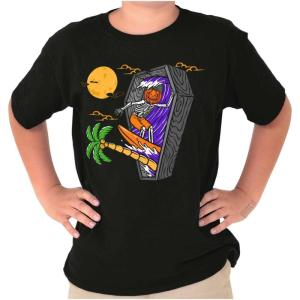 Funny Halloween Surfing Skeleton Crewneck T Shirts Boy Girl(Black)