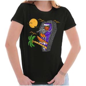 Funny Halloween Surfing Skeleton Womens Slim Fit Graphic Tee(Black)