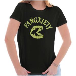 Funny Halloween Vampire Fang Anxiety Womens Slim Fit Graphic Tee(Black)