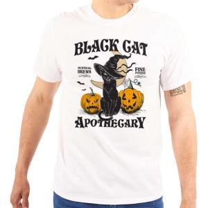 Halloween Black Cat Apothecary Graphic T Shirt Men or Women(White)