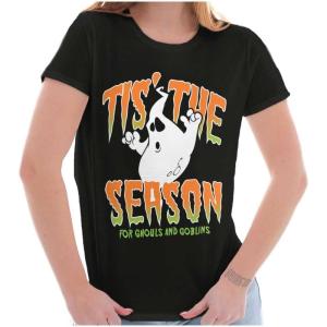Halloween Season of Ghouls Goblins Womens Slim Fit Graphic Tee(Black)