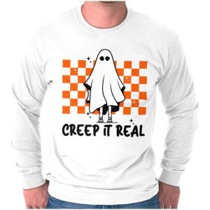 Halloween Spooky Ghost Creep It Real Long Sleeve Tshirt Men Women(White)
