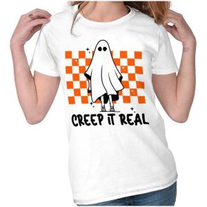 Halloween Spooky Ghost Creep It Real Womens Slim Fit Graphic Tee(White)