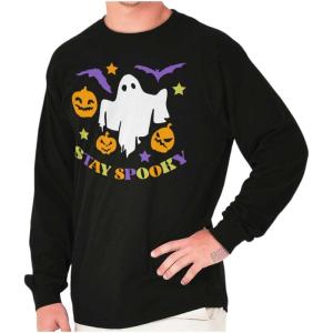 Halloween Stay Spooky Ghost Pumpkins Long Sleeve Tshirt Men Women(Black)