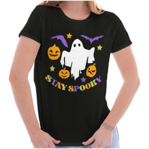 Halloween Stay Spooky Ghost Pumpkins Womens Slim Fit Graphic Tee(Black)