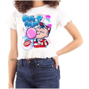 Airbrushed Dubble Bubble Whats Poppin Womens Lettuce Trim Crop Top(White)