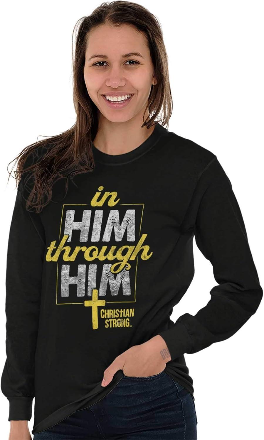 imagein Him Through Him Christian Cross Long Sleeve Tshirt Men WomenBlack