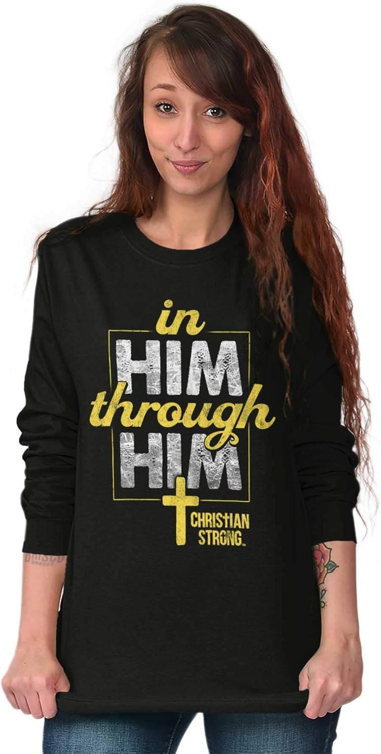 imagein Him Through Him Christian Cross Long Sleeve Tshirt Men WomenBlack