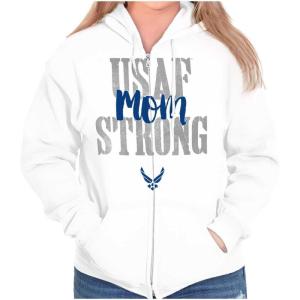 Brisco Brands US Air Force USAF Strong Military Mom Zip Up Hoodie Mens Womens(White)